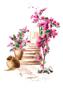 Old architecture of the Mediterranean, North Africa and  flowers of bougainvillea. Hand drawn watercolor illustration isolated on white background