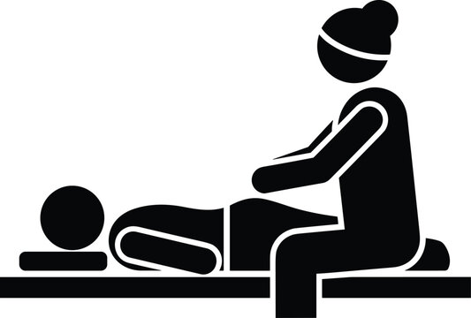 Massage therapy icon, spa wellness vector, flat black silhouette of therapist and client, physical therapy, relaxation, health care, body treatment.