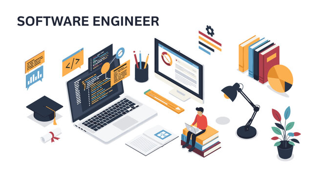 Professional software engineer works at a desk filled with coding books and computers to develop new digital mobile applications.