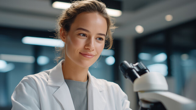 Pharmacologist examines cellular senescence samples through microscope in anti-aging research institute, senolytics development targeting zombie cells to extend healthy human lifespan and vitality, 
