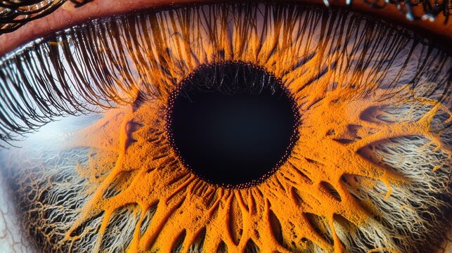 Iris pattern complexity extreme macro closeup orange amber eye detailed fiber structures crypts pupil reflection eyelash professional photography