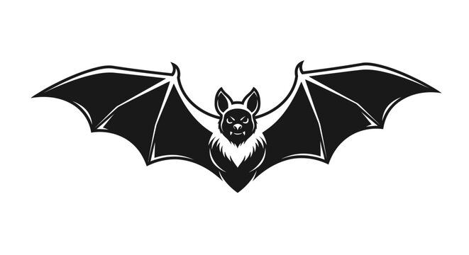 Black bat silhouette with outstretched wings isolated on white background