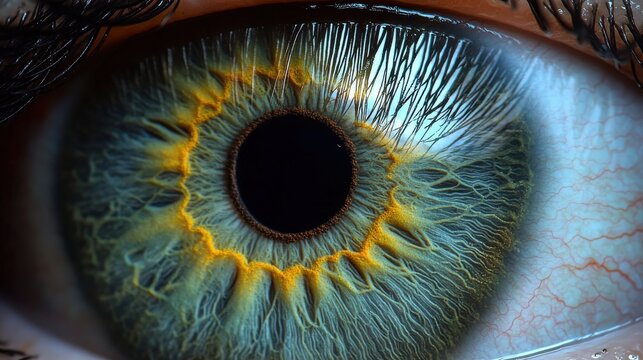 Iris pattern complexity blue green eye macro fiber structure radial patterns color gradients pupil limbus corneal surface clarity eyelash texture