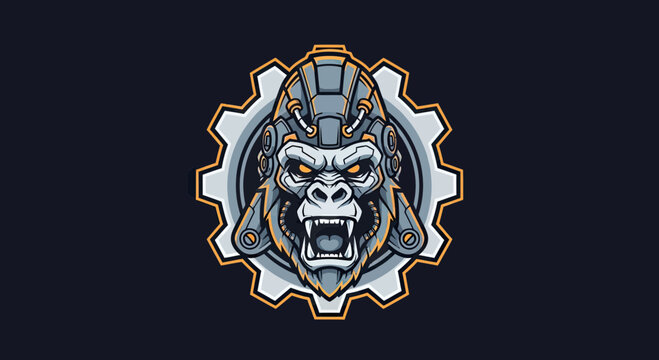 Aggressive Cyborg Gorilla Mascot Logo with Mechanical Gear Frame, Robotic Ape Head for Esports and Gaming Branding