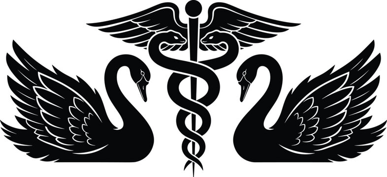 Black and white silhouette illustration of a medical caduceus symbol with snakes and wings, flanked by two graceful swans, representing healthcare, healing, and pharmacy services.