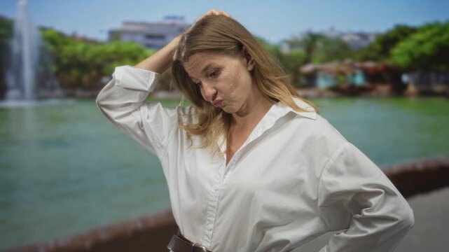 Woman in white shirt with hand on head and arm akimbo near fountain by green trees in forest setting;thoughtful exasperation.