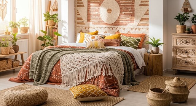Cozy bohemian bedroom with natural textures and earthy tones