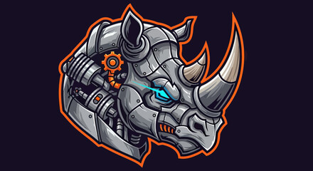 Fototapeta premium Robotic Rhinoceros Head Mascot Logo, Cybernetic Rhino Vector Illustration for Esports and Gaming Branding