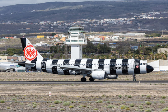 Condor Airbus A320 airplane at Tenerife South airport in Spain SGE Eintracht Frankfurt special livery