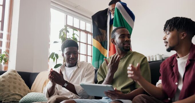 Disappointed, people and sports fan in house with tablet, watch football match and upset for game defeat. Friends, tech and streaming with soccer world cup, stress or competition loss in South Africa