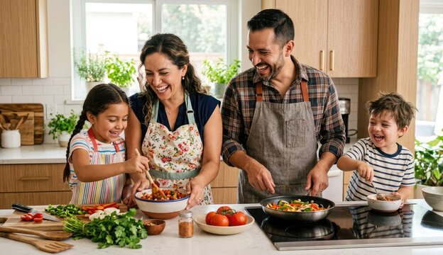 Happy Spanish family cooking in bright kitchen a healthy meal and spending good time together. Father, mother, son and daughter preparing dinner at home.