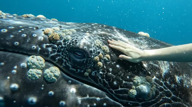 Incredible Wildlife Encounter showing a human hand gently touching a whale's head for nature documentary and conservation concepts.