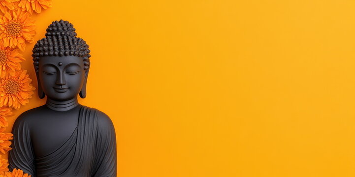 Peaceful Black Buddha Statue With Orange Flowers on Vibrant Yellow Background copy space