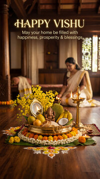 Traditional indian vishu festival decoration with woman in background praying