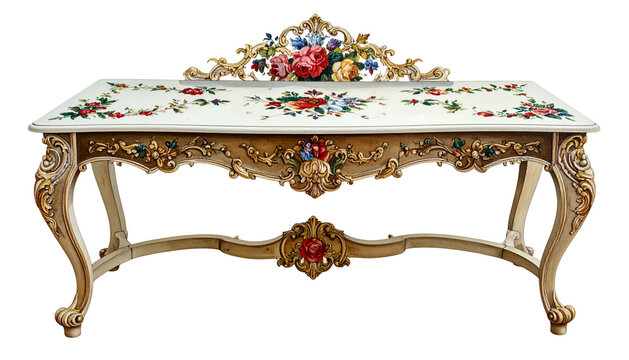 Elaborate table with floral decor, ornate carvings, cream and colorful