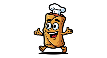 Naklejka premium Happy Cartoon Egg Roll Mascot Wearing a Chef Hat, Cute Spring Roll Character Vector Illustration Isolated on White Background