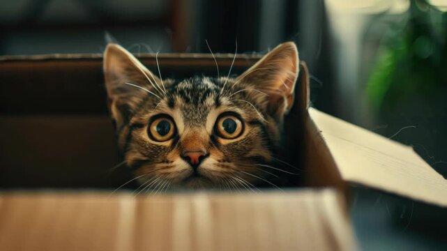Cute kitten peeking out of a cardboard package, looking surprised or curious.