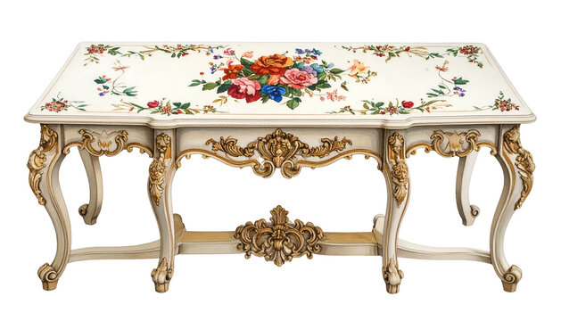 Ornate, white table with floral design on top and golden accents