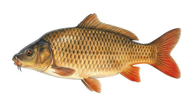 common carp fish with hook, golden scales and red fins