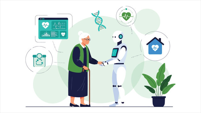 Future of Senior Care Illustration Robot Assistant and Smart Home Healthcare with AI, Personalized Medicine, and Remote Monitoring for Elderly Well-Being.
