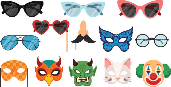 Stylish Sunglasses and Costume Mask Icon Set Featuring Cat Eye Heart Aviator Butterfly Animal and Clown Face Accessories Vector Collection