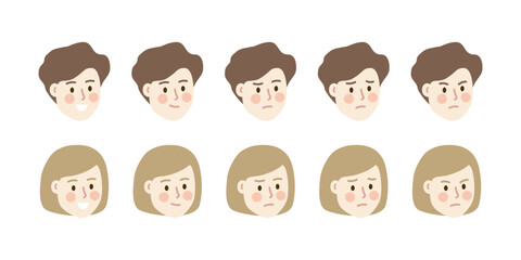 Fototapeta premium Man and woman character head portrait set. Communication, feeling, emotion, mood, reaction, facial expression concepts. Happy, sad, angry, surprised faces. Flat vector design isolated illustration.