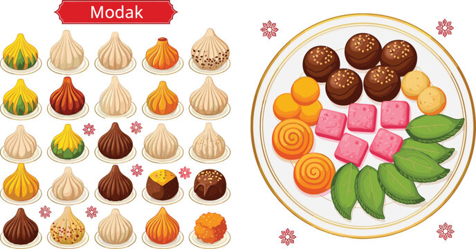 Traditional Indian Sweets Collection Featuring Modak Ladoo Barfi and Assorted Mithai Desserts on Plate Festive Food Vector Set