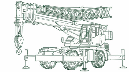 Obraz premium Technical Line Art Illustration of a Large Mobile Crane, Indispensable for Heavy Construction and Lifting Projects