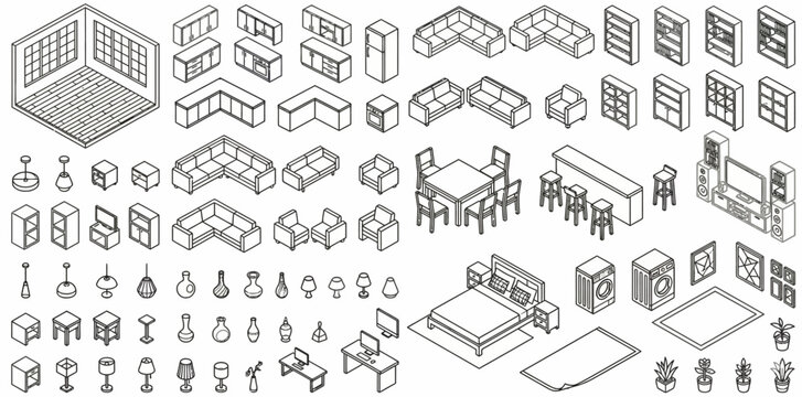 Isometric furniture icons set with different room decorations and appliances