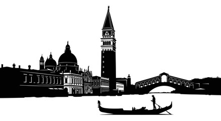 Stylized Black and White Illustration of Venice Featuring Historic Landmarks and Traditional Gondola © Dileesha
