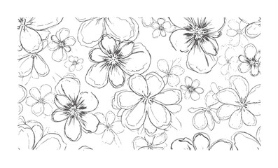 Fototapeta premium Hand drawn sketchy floral pattern with dark grey flowers white bloom blossom