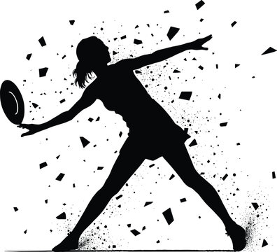 Dynamic Female Ultimate Frisbee Player Silhouette in Action Throwing Disc with Exploding Geometric Particle Effects Isolated on White Background for Sports Graphic Design