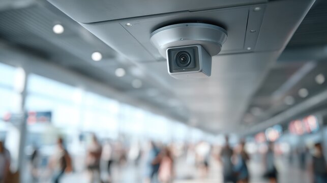 Security camera monitors activity in a busy airport terminal with crowds moving around late in the afternoon