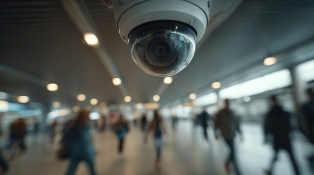 Surveillance camera watches over busy indoor location with people moving all around