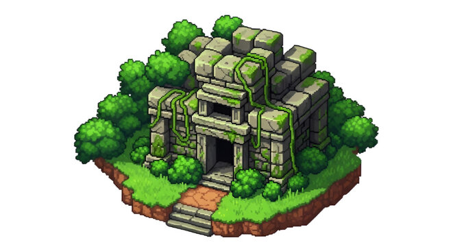 Ancient Mayan Aztec Temple Ruins in Jungle Pixel Art Vector