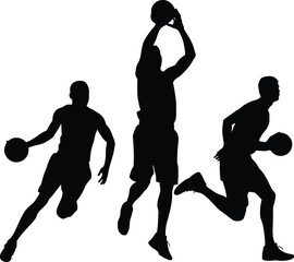 Set of Male Basketball Player Silhouettes in Dynamic Action Poses Including Dribbling and Shooting Ball Isolated on White Background for Sports Competition Design Illustration © Arifuxxaman