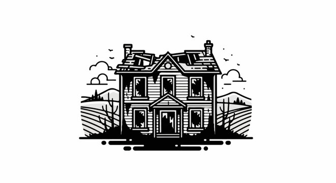Stylized illustration of a dilapidated old house with broken windows and roof