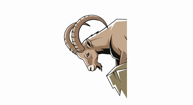 Stylized illustration of a mountain goat with large, curved horns on a rocky ledge