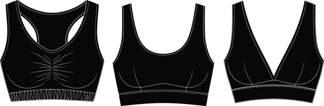 Technical fashion sketches of women sports bra and bralette set featuring racerback scoop neck and v-neck designs for apparel manufacturing.