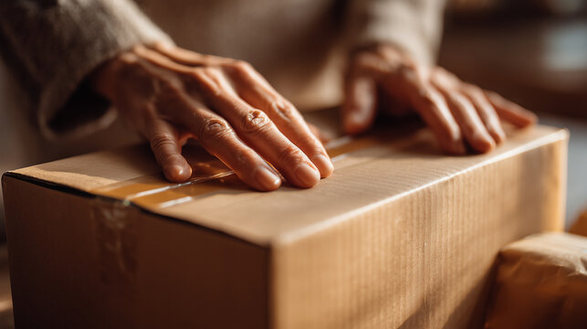 Close-up of hands packing products into box, photorealistic, natural anatomy, realistic textures, copy space, e-commerce, fulfillment, shipping, order preparation, logistics, retai