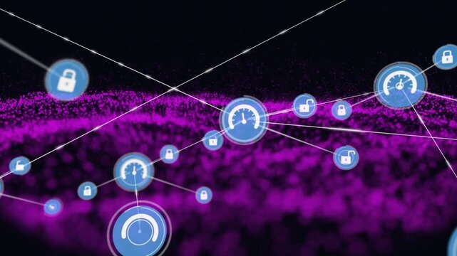 Animation of network of connections with icons over mesh and black background