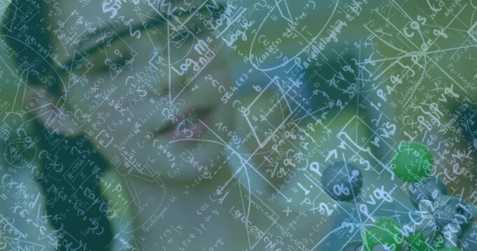 Animation of mathematical equations over caucasian schoolgirl with models in classroom