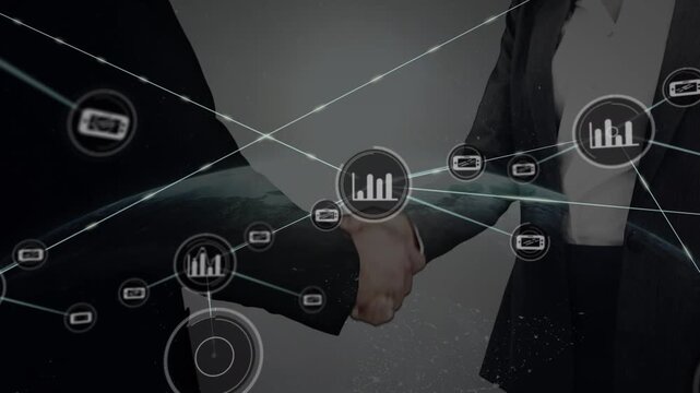 Animation of network of connections with icons over midsection of businesspeople shaking hands