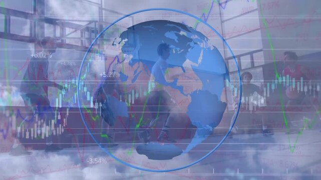 Animation of globe and financial data processing over diverse basketball players