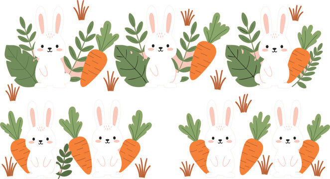 Seamless bunny and carrot pattern with cute rabbits and leaves pastel vector illustration for kids textile wallpaper and nursery design