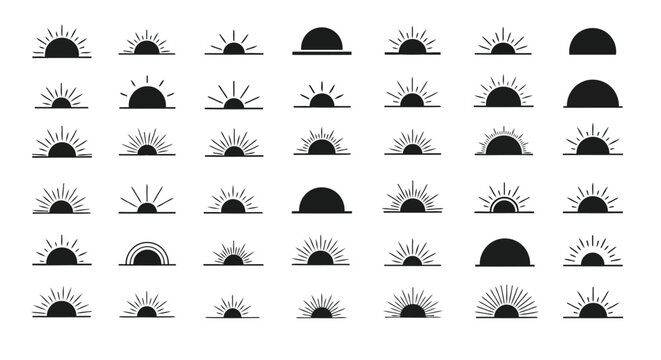 Creative array of abstract sun and cloud icons with varying styles and details