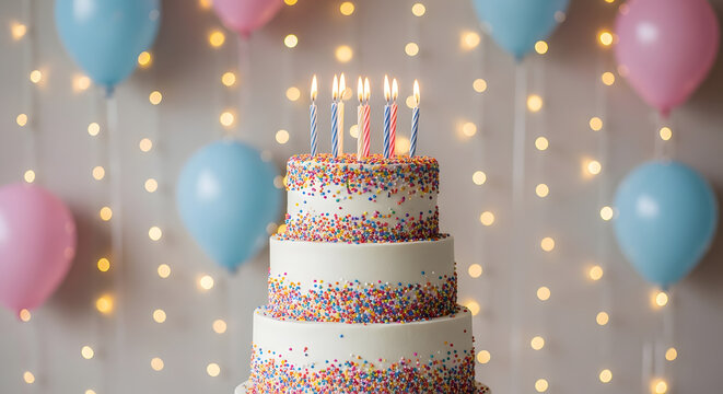 Three-Tier Birthday Cake with Sprinkles and Lit Candles against a Festive Background with Balloons and Lights