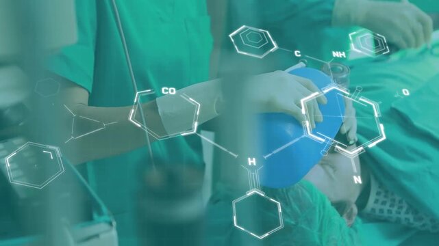 Animation of chemical formula over surgeon in operating theatre