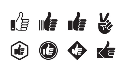 Fototapeta premium Thumb up hand gesture icons set for feedback with victory sign and geometric shapes on background
