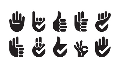 Fototapeta premium Check mark hand gestures set with thumbs up okay sign and palm symbols for confirmed verification